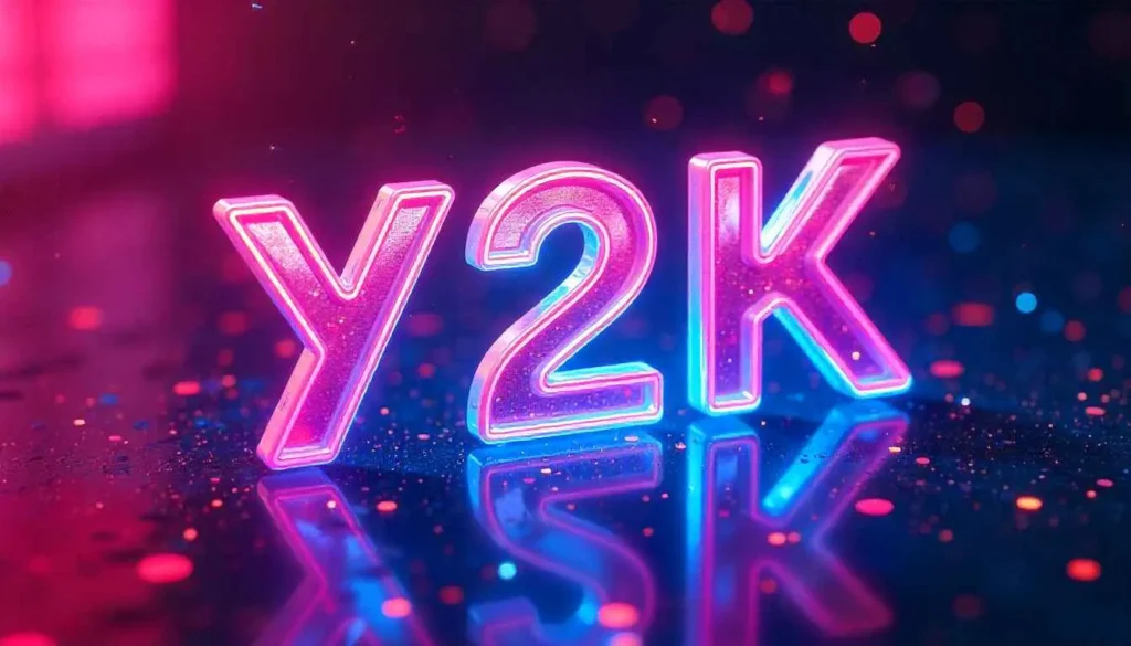 Retro futurism Y2K style poster with chrome and neon effects