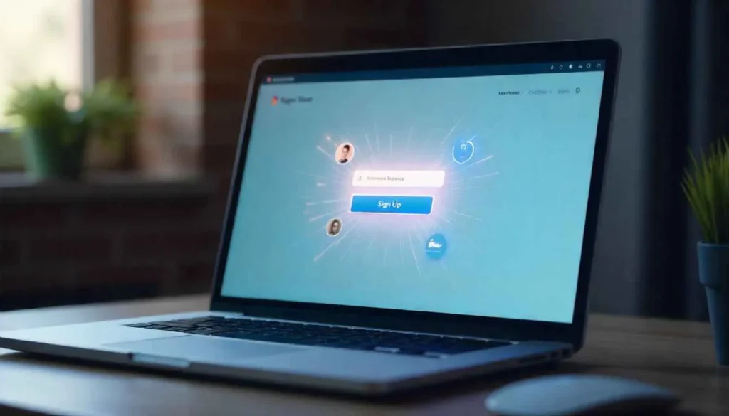 A laptop displaying a clean UI/UX design with a prominent call-to-action button.