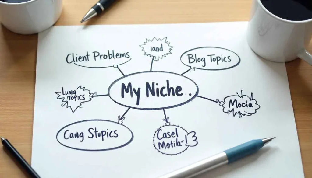 A mind map used by a freelancer to brainstorm content ideas based on their niche.