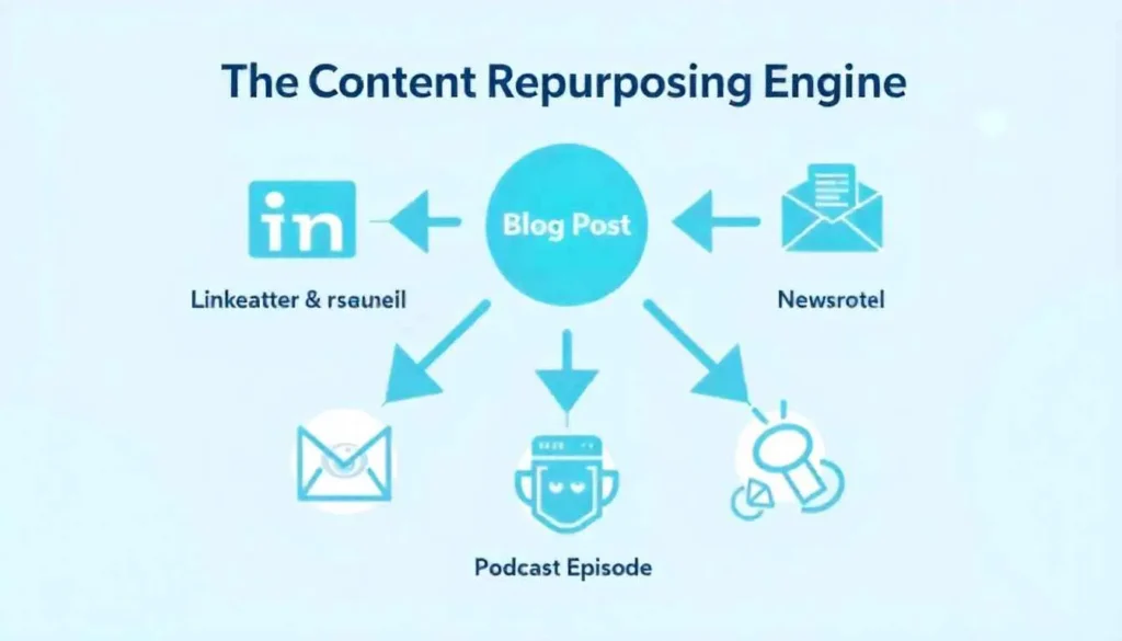 An infographic diagram showing how to repurpose one piece of core content across multiple platforms