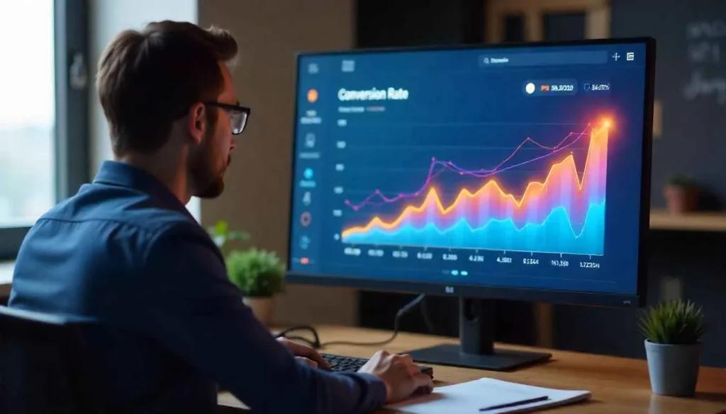 Freelance UI designer presenting conversion rate data to a client