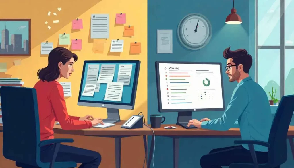 Contrast between a disorganized freelancer and one using productivity tools effectively