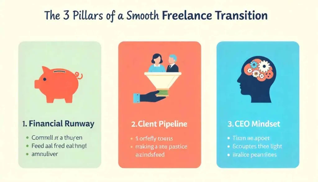 Infographic of the three pillars for a successful freelance transition