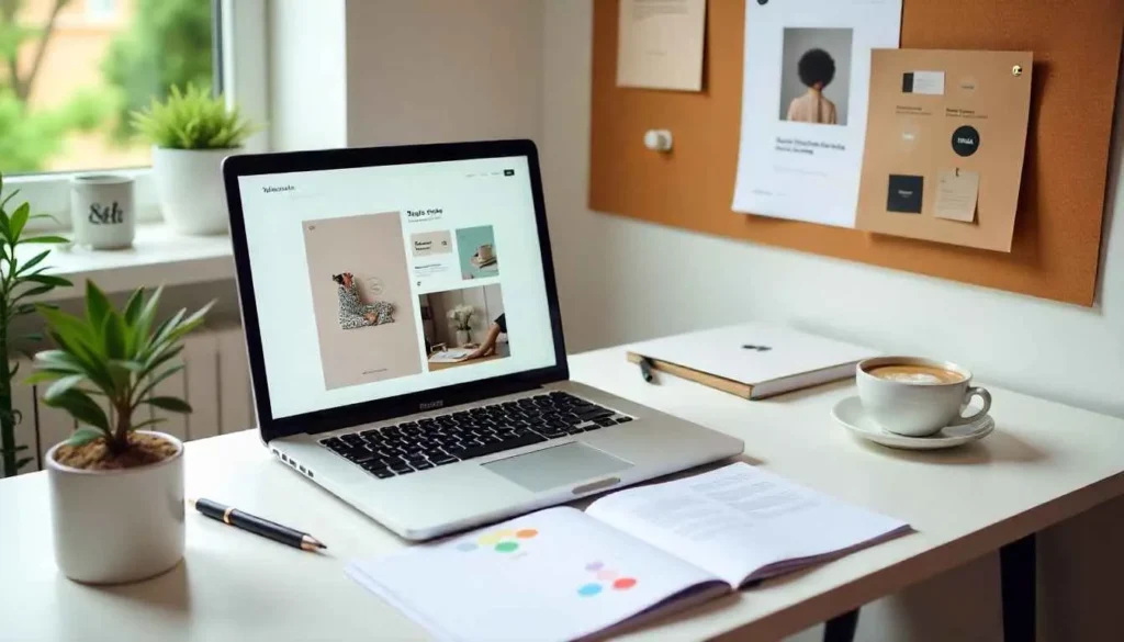 : An organized freelance graphic designer's workspace featuring a brand style guide and mood board.