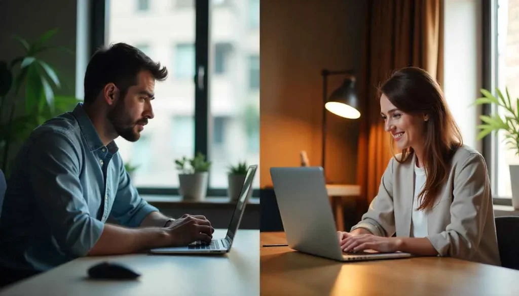 Contrast between stressful office job and fulfilling freelance career