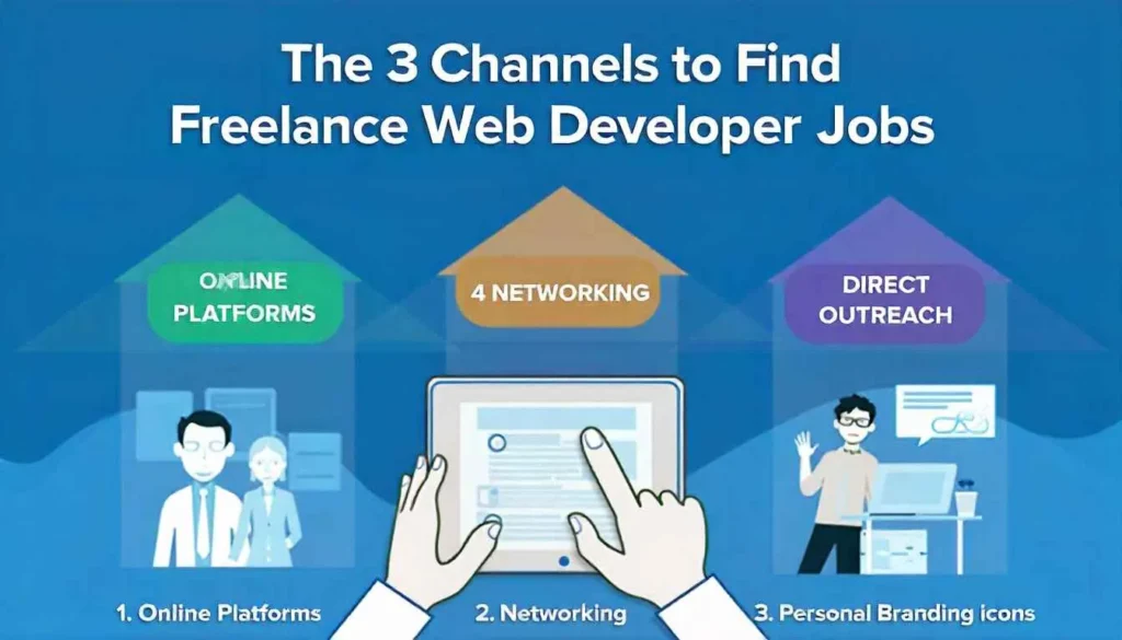 Infographic showing three main channels to find freelance web developer jobs