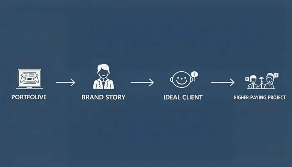 A flowchart diagram mapping the journey from a graphic design portfolio to a converting brand.
