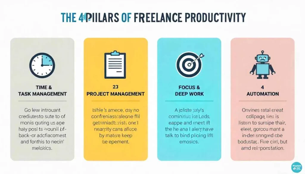 Infographic of the four pillars of freelance productivity and their corresponding tools