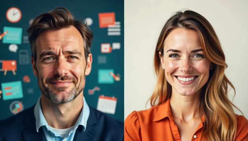 A side-by-side comparison: on the left, a chaotic, cluttered website interface causing a stressed expression on a user's face. On the right, a serene, minimalist interface bringing a smile to the user's face