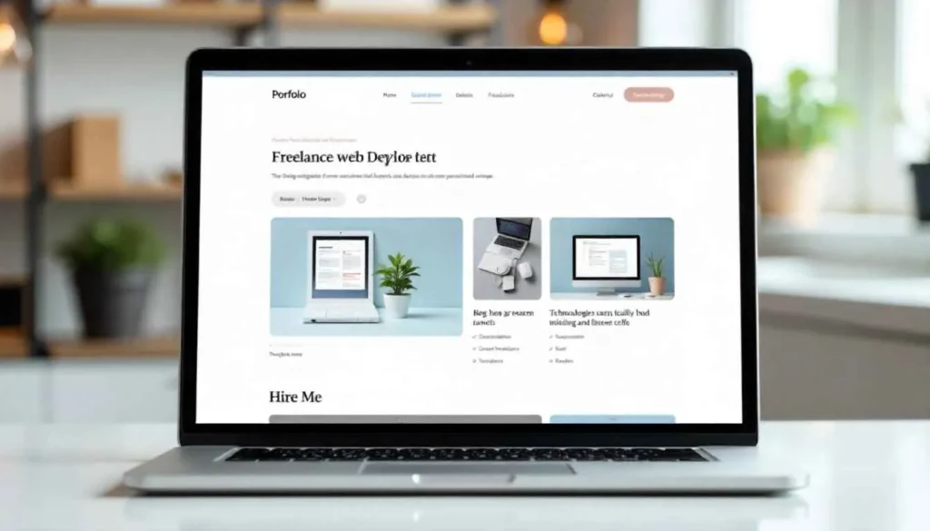 A professional freelance web developer portfolio website on a laptop screen