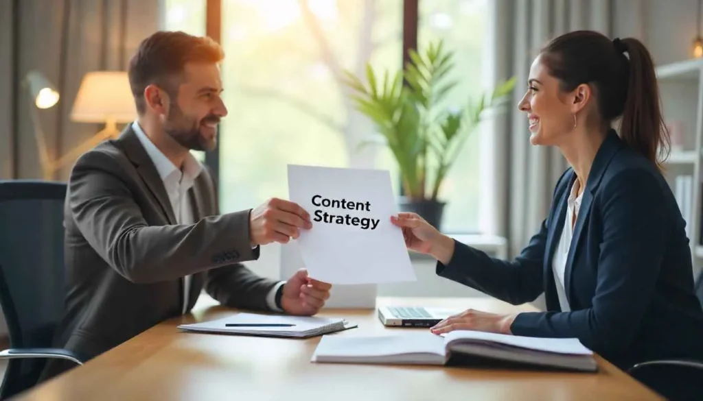 A business manager outsourcing content writing work to a professional.