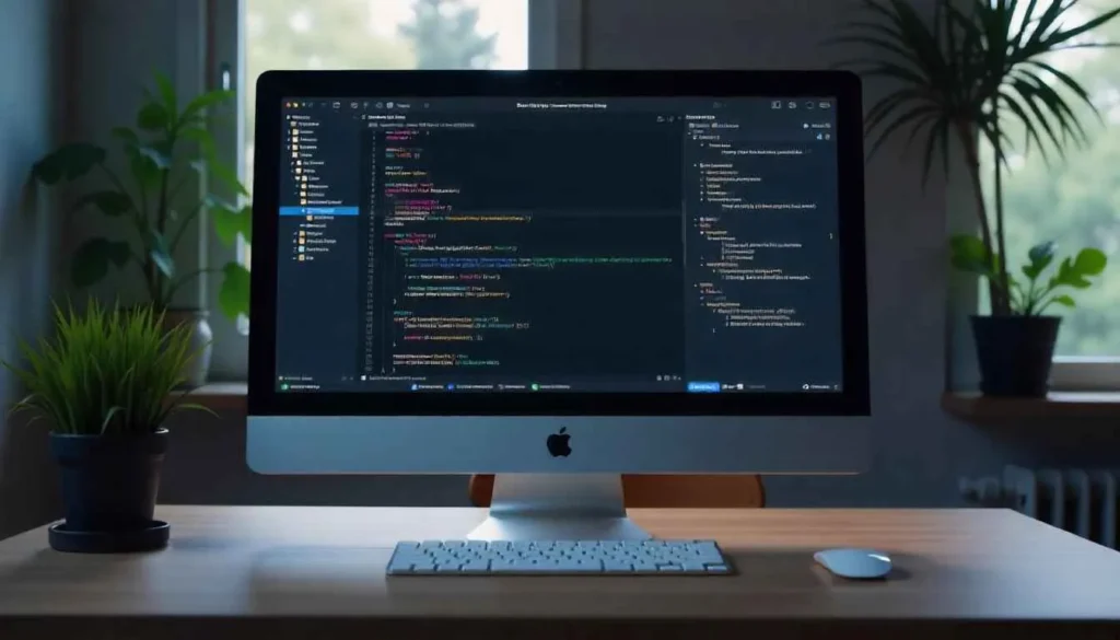 A powerful Xcode development environment with code and a simulator running.