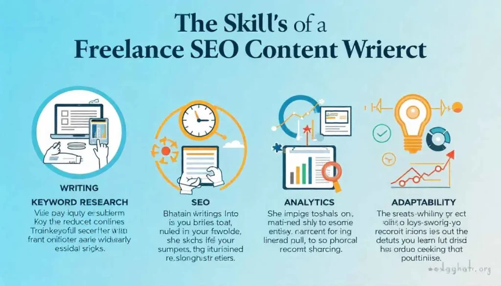 Infographic of the key skills for a freelance SEO content writer.