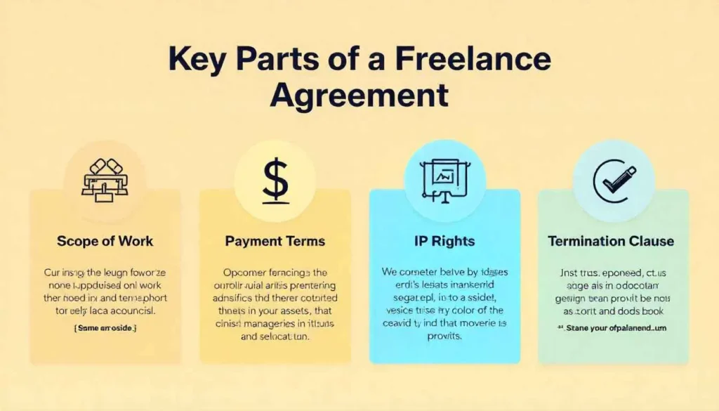 Infographic showing the key components of a freelance agreement template.