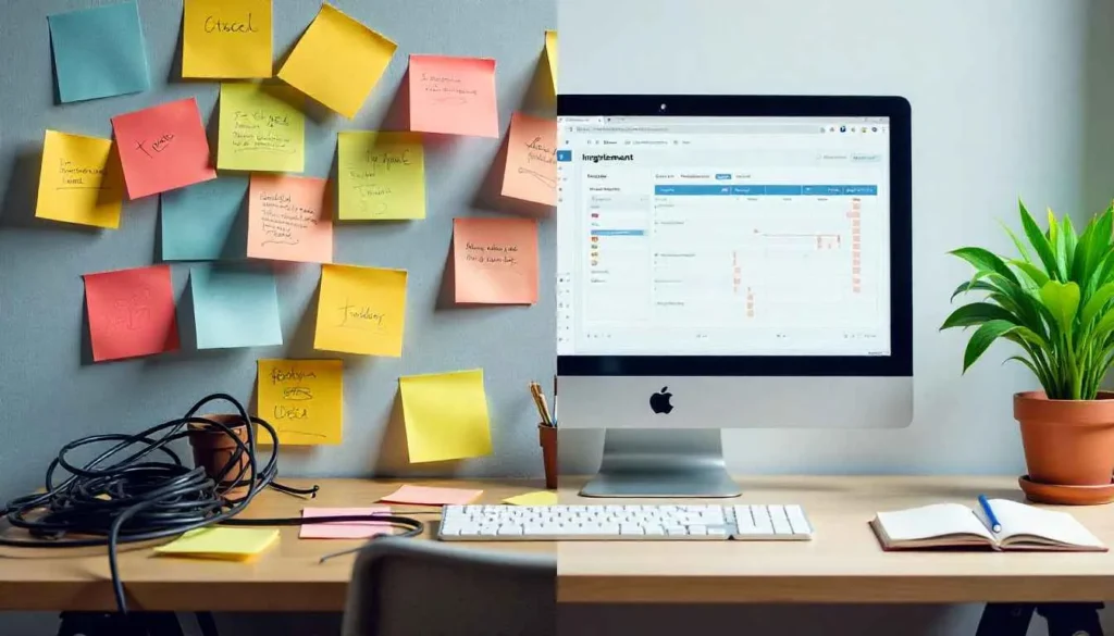Contrast between chaotic disorganization and structured project management.