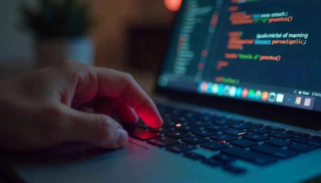 Hand pressing F12 key to enable developer tools in Chrome on a laptop.