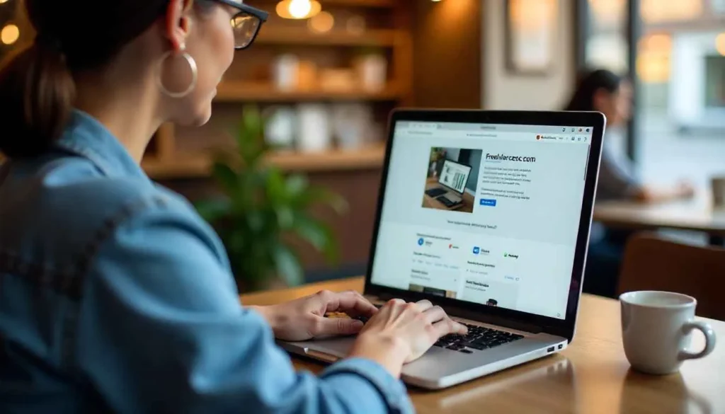 A modern freelancer strategically using both Freelance.com and LinkedIn for research.