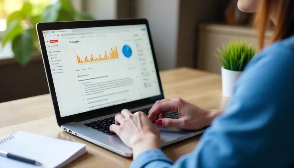 A freelance SEO content writer analyzing data and writing optimized content.