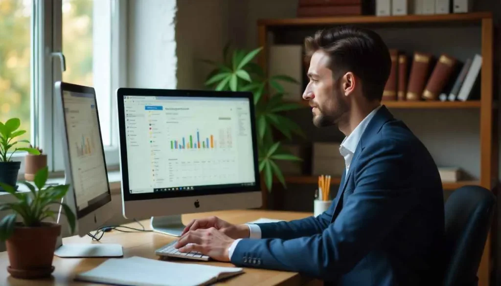 A freelance attorney using legal freelancing websites from a home office.