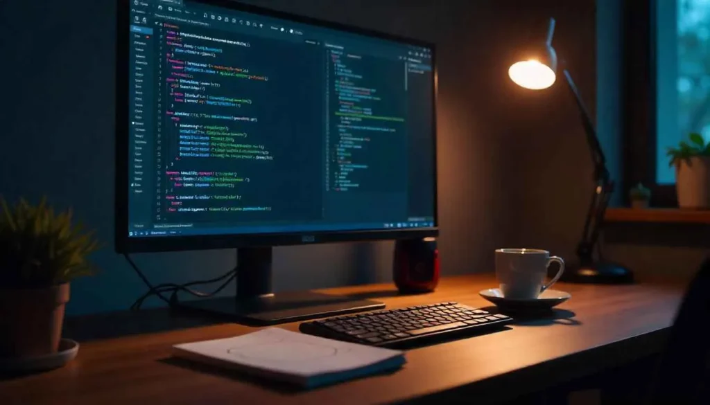 Modern freelance developer workspace with code editor at night.