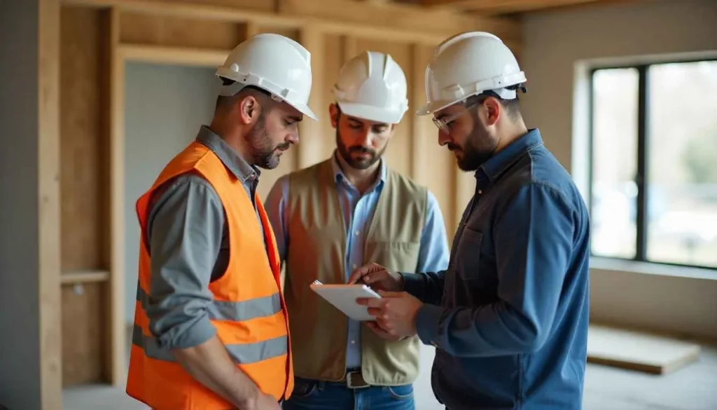 Interior design project manager coordinating on-site with contractor and designer.