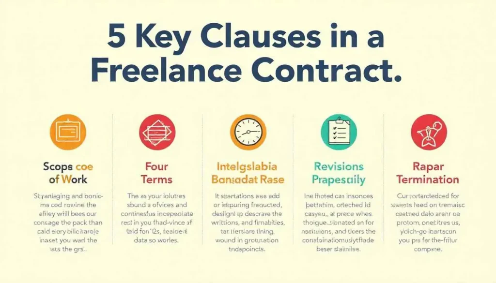 Infographic showing the five key clauses for a contract freelance agreement.
