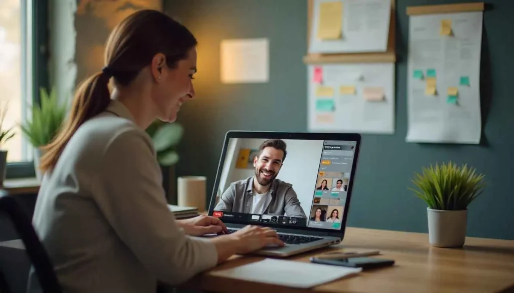 A freelance content creator having a successful client video call.