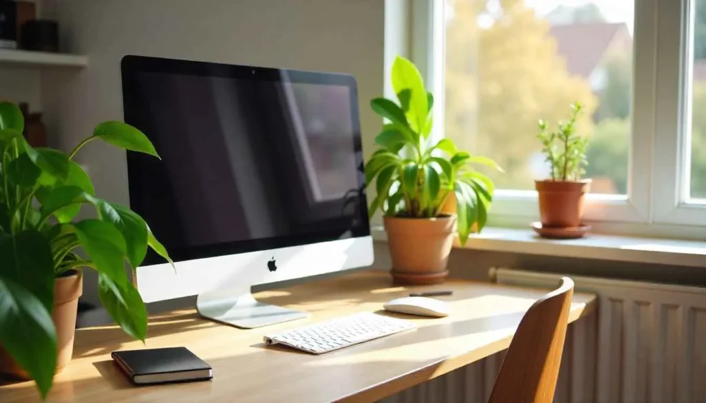 Comparison between an organized home office and a cluttered makeshift workspace.
